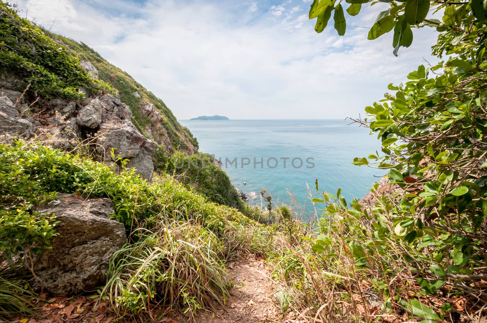 Walkway and ocean landscape of Laem Sing hill scenic point by sayhmog
