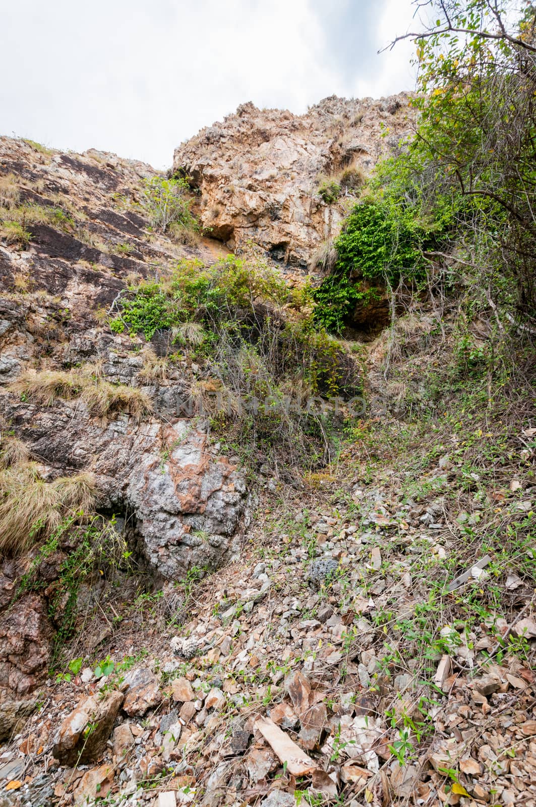 Closeup of stone cliff on island