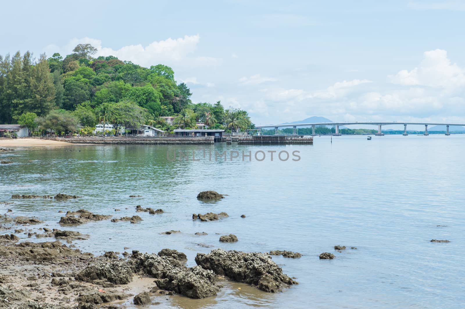 Abstract stone on the beach with mountain landscape