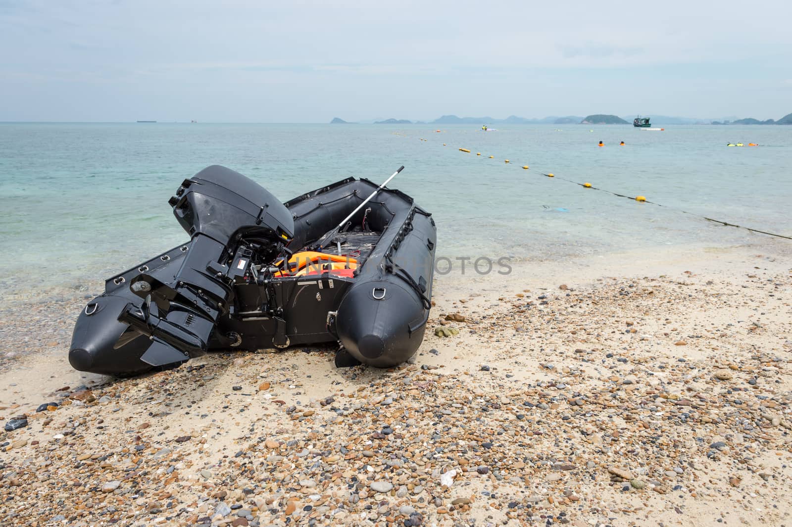 Closeup of rescue boat on the beach