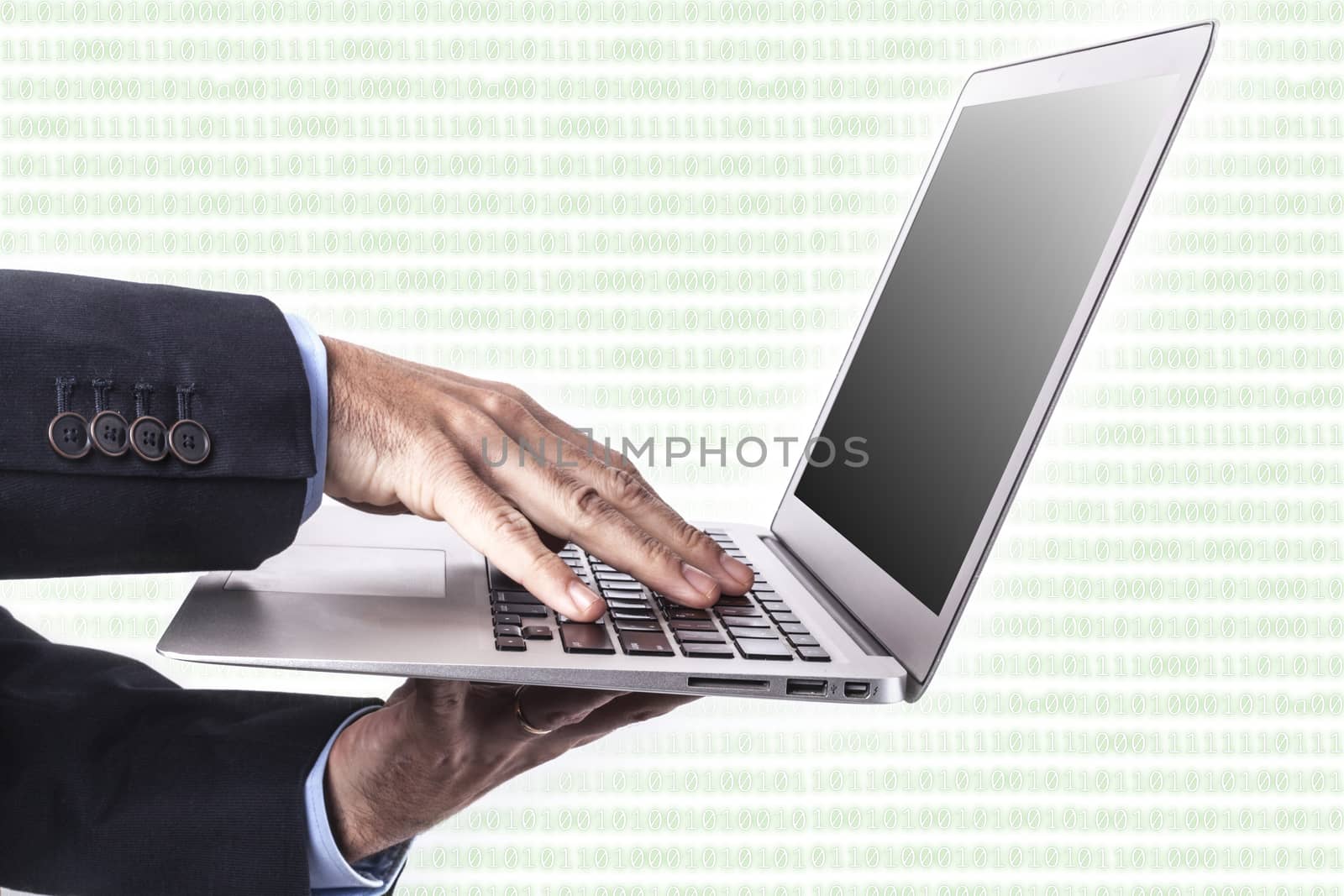 Laptop in hands isolated on white background