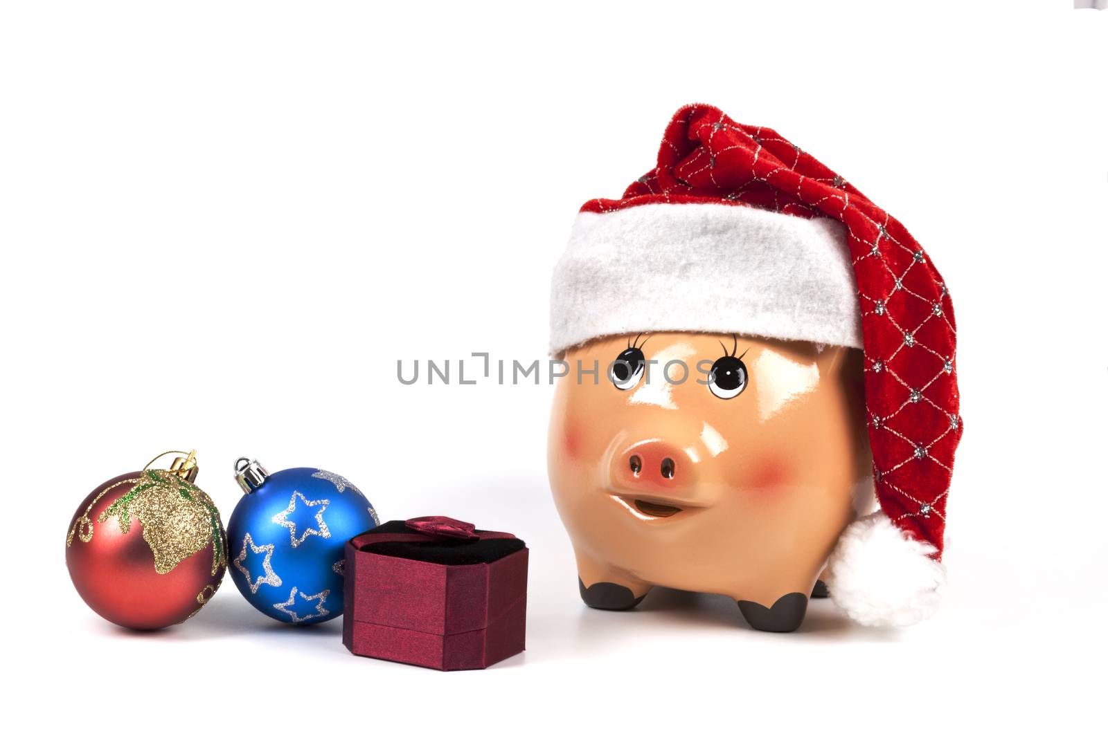 Piggy Bank with Dollars and Chtistmas Gift Box and Decorations