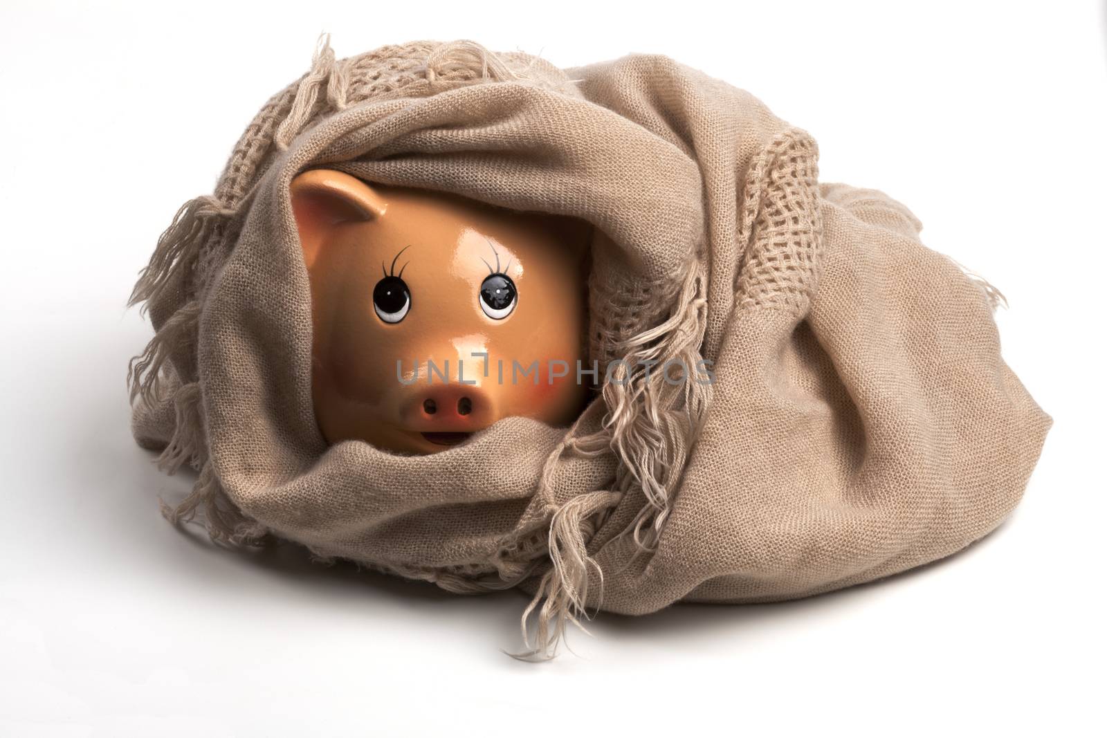 Piggy Bank Wearing Scarf, Isolated on White Background.Saving Heating Concept