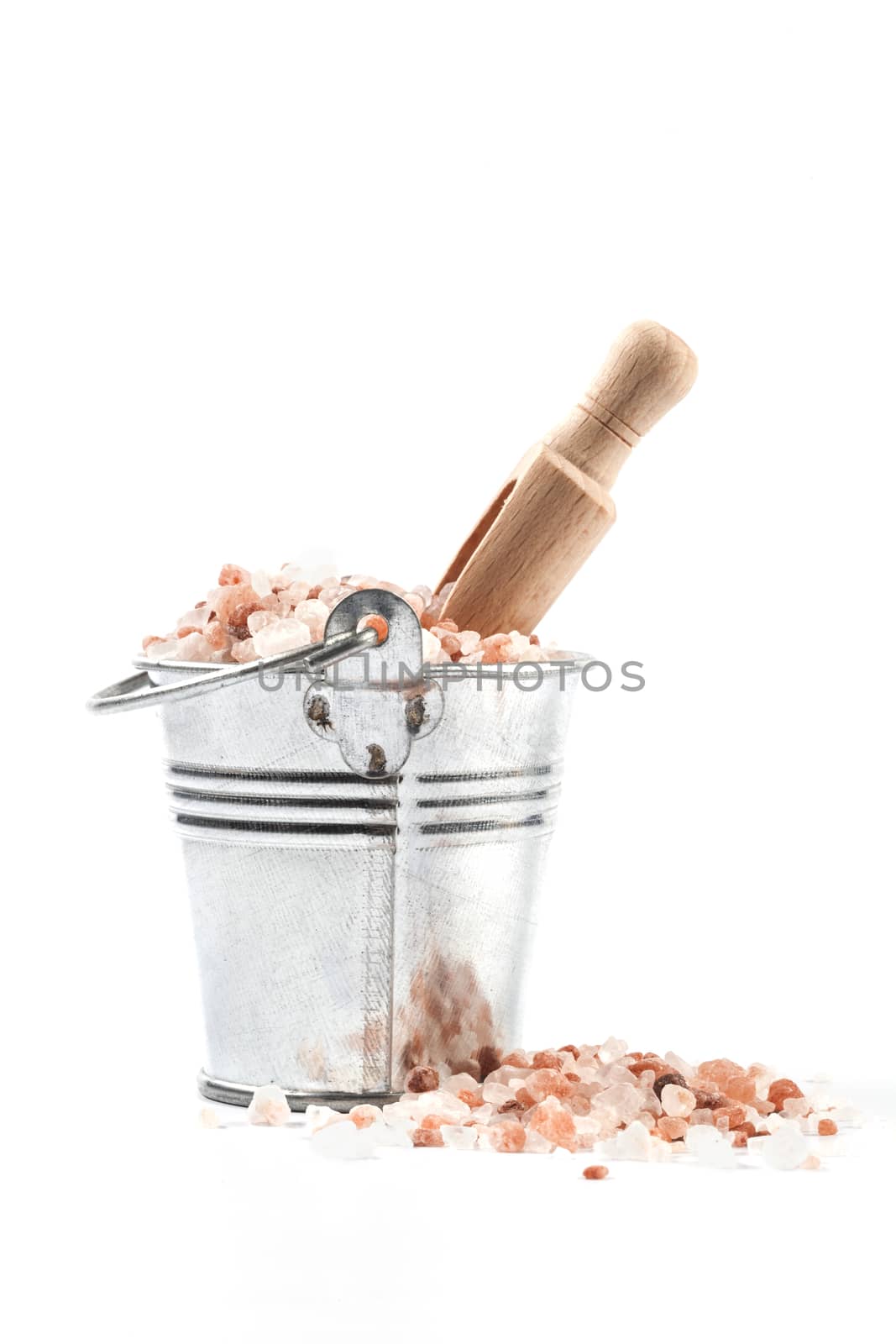 Himalayan Salt Raw Crystals Pile in Silver Metal Bucket Isolated on White Background