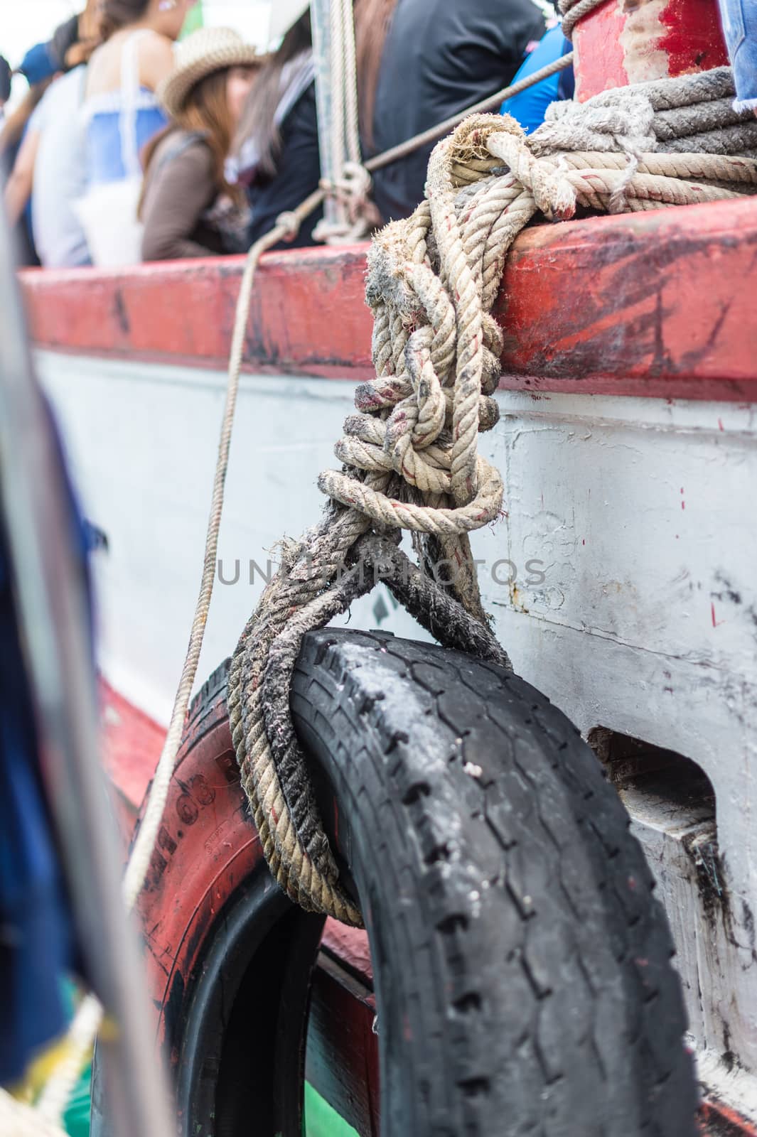 Closeup of tire on the boat for safety