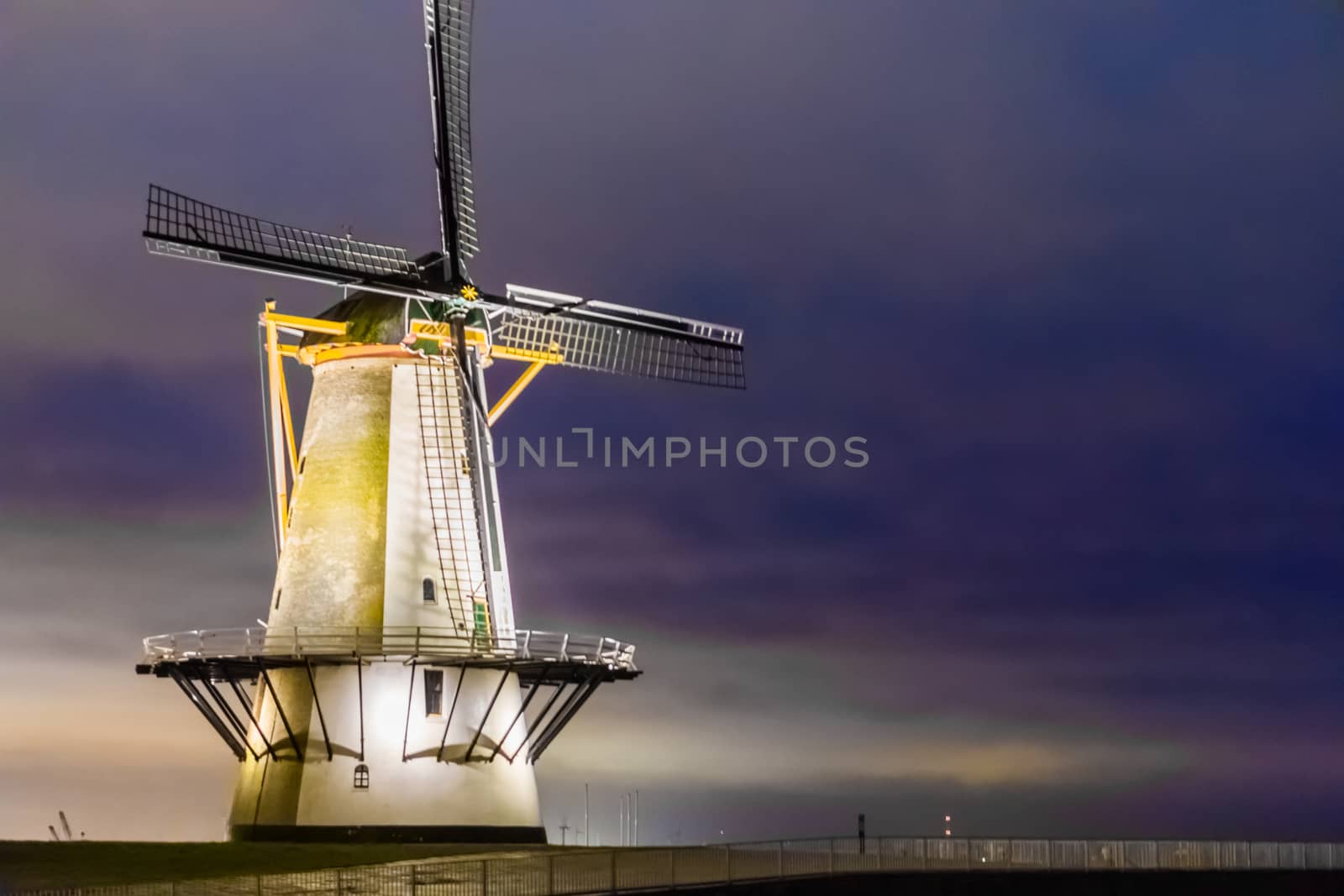 The windmill of Vlissingen by night, typical dutch scenery, historic buildings, Zeeland, the Netherlands