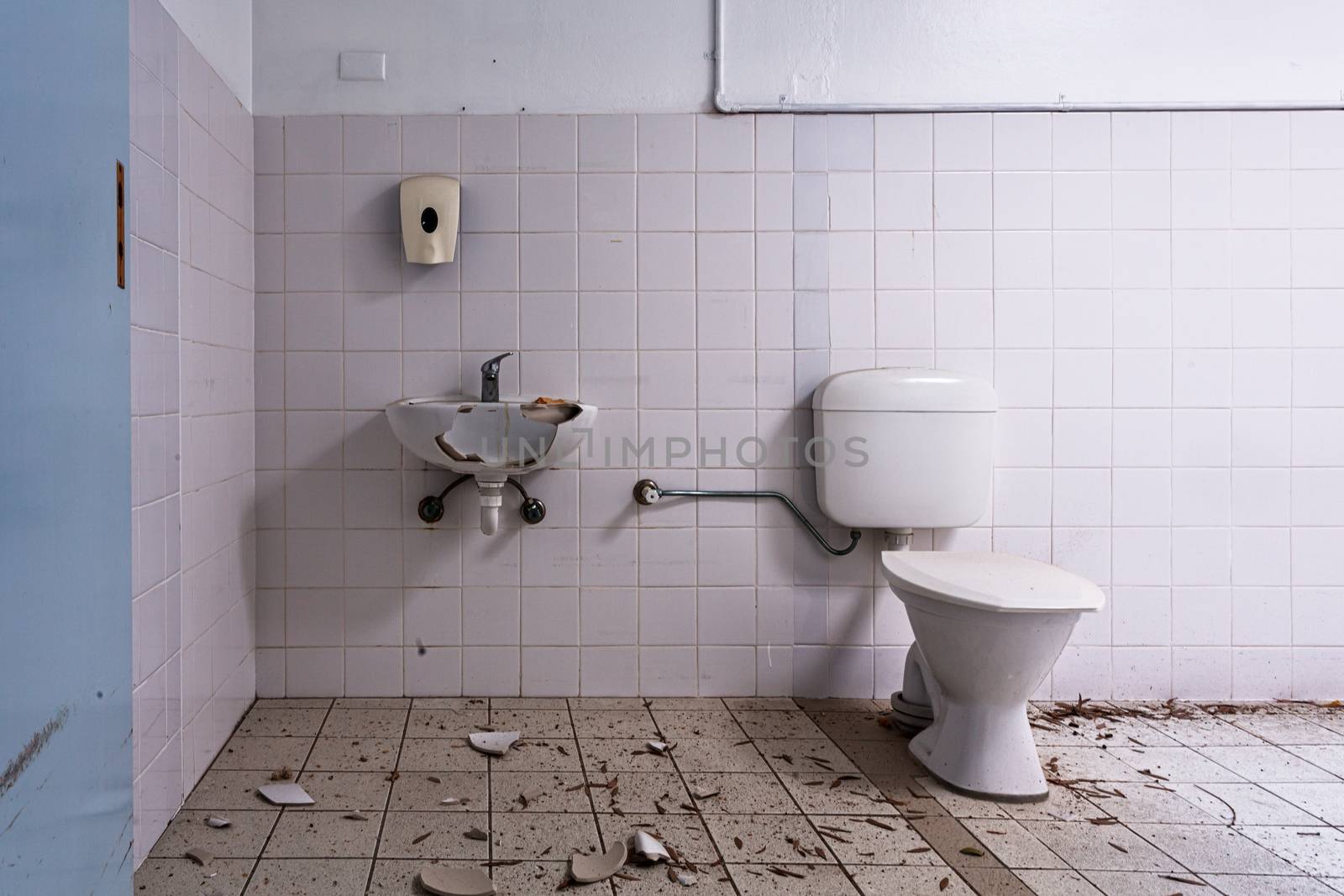 Vandalism of bathroom facility of old abandoned asylum