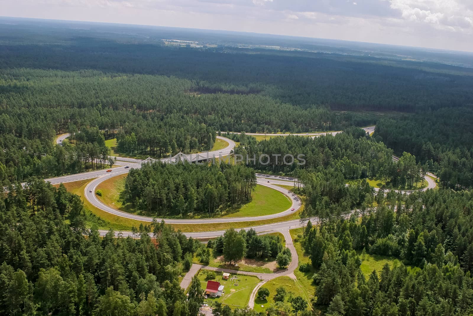 Aerial view of road in Latvia. Latvia from above.
