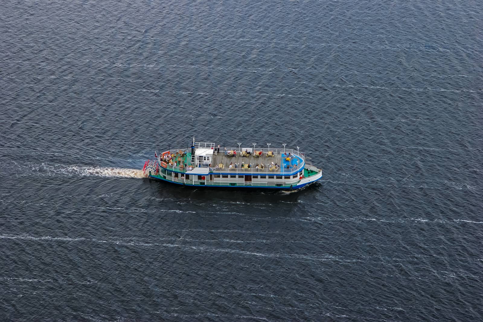 Aerial view of cruise ship in river Daugava in Riga city. Aerial view of Riga, Latvia.
