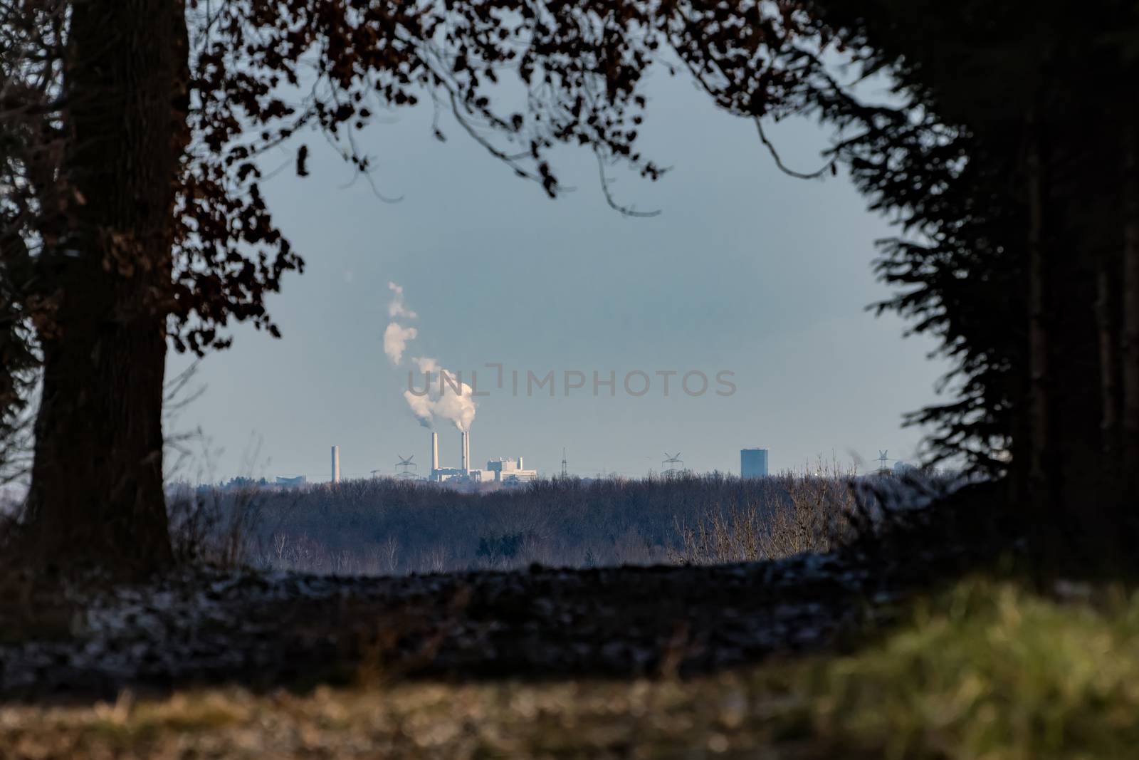 View to a industrial building with trees in Bavaria, Germany