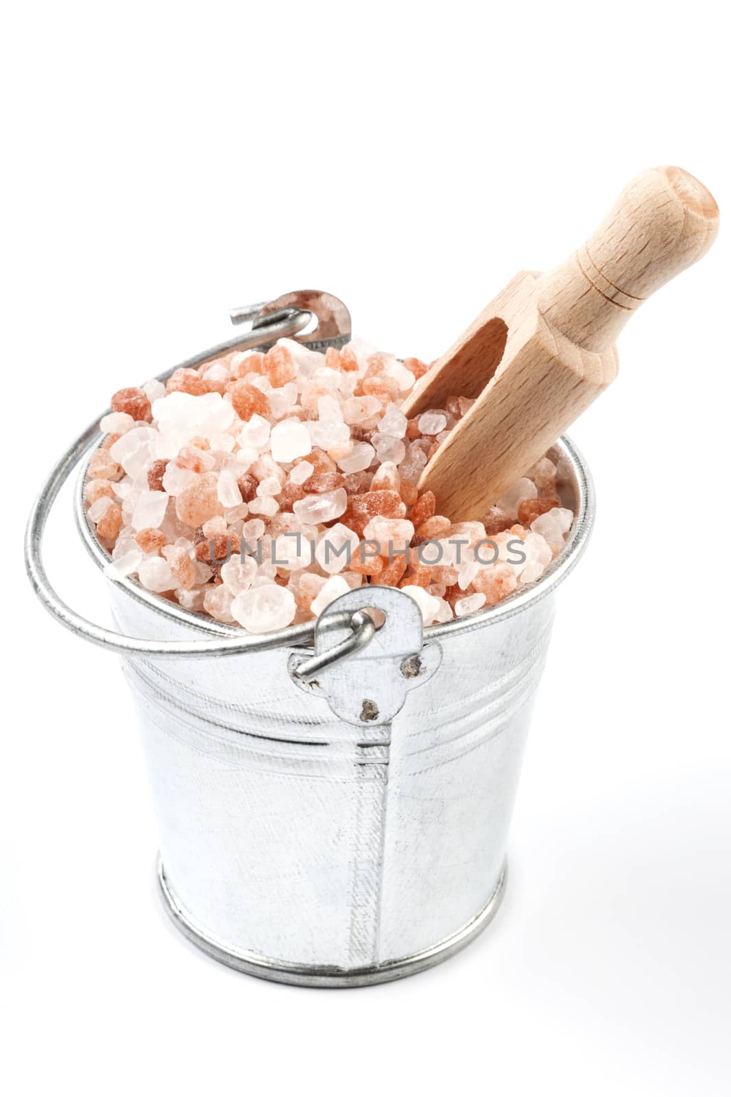 Himalayan Salt Raw Crystals Pile in Silver Metal Bucket Isolated on White Background