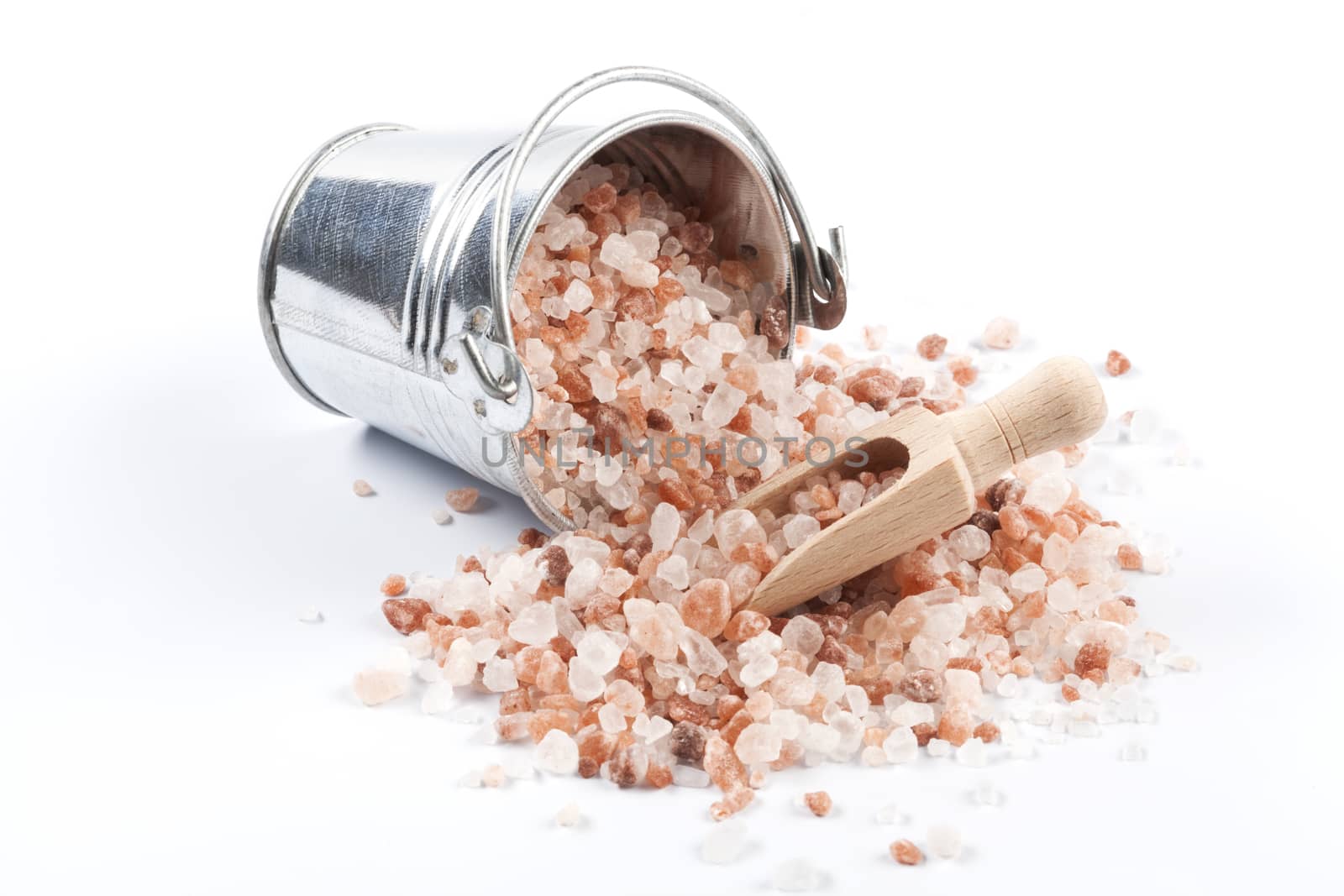 Himalayan Salt Raw Crystals Pile in Silver Metal Bucket Isolated on White Background