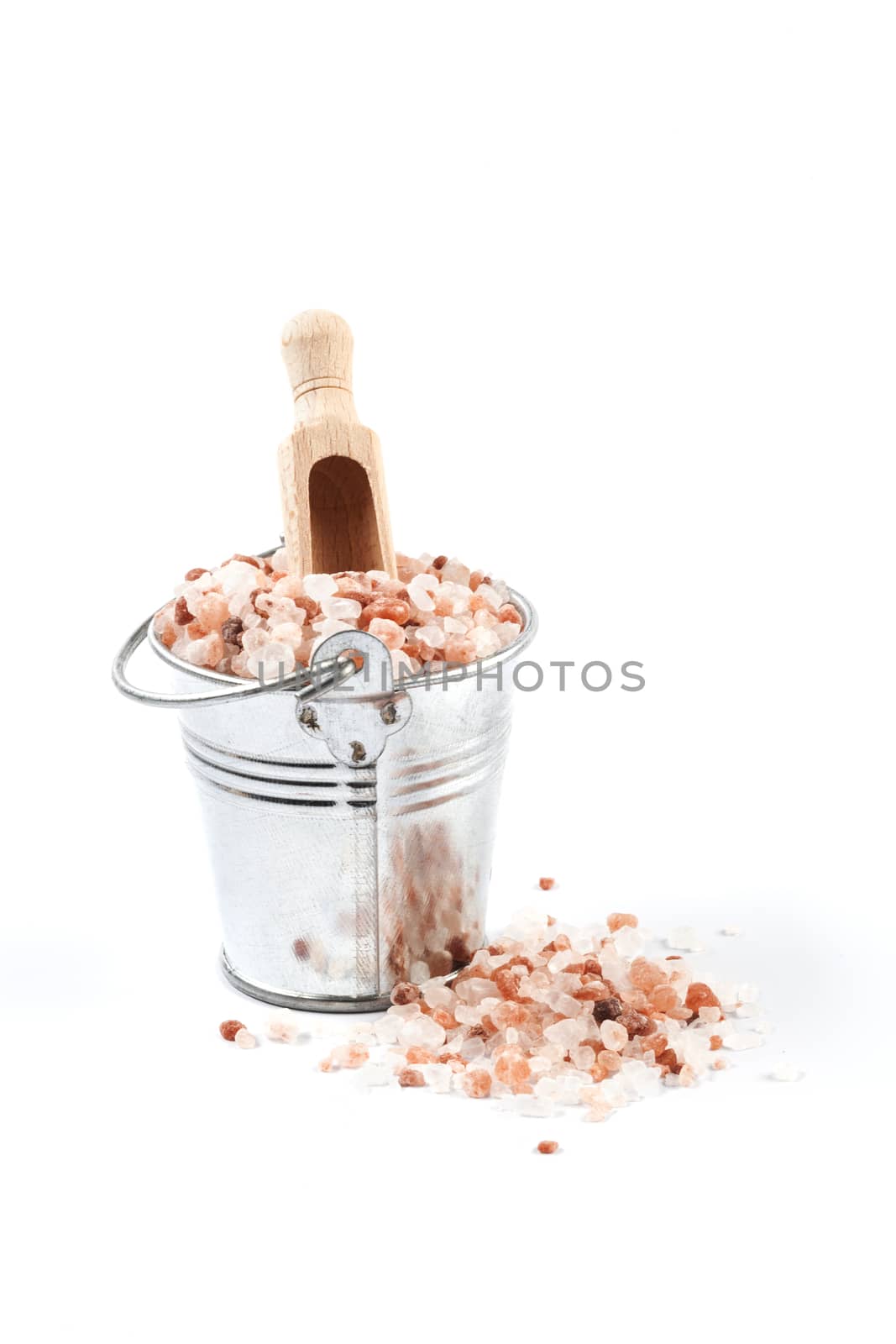 Himalayan Salt Raw Crystals Pile in Silver Metal Bucket Isolated on White Background