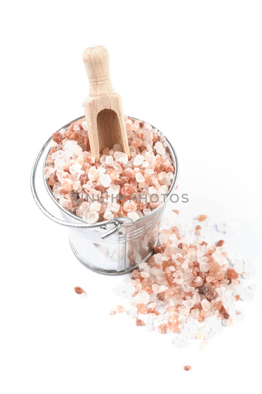 Himalayan Salt Raw Crystals Pile in Silver Metal Bucket Isolated on White Background