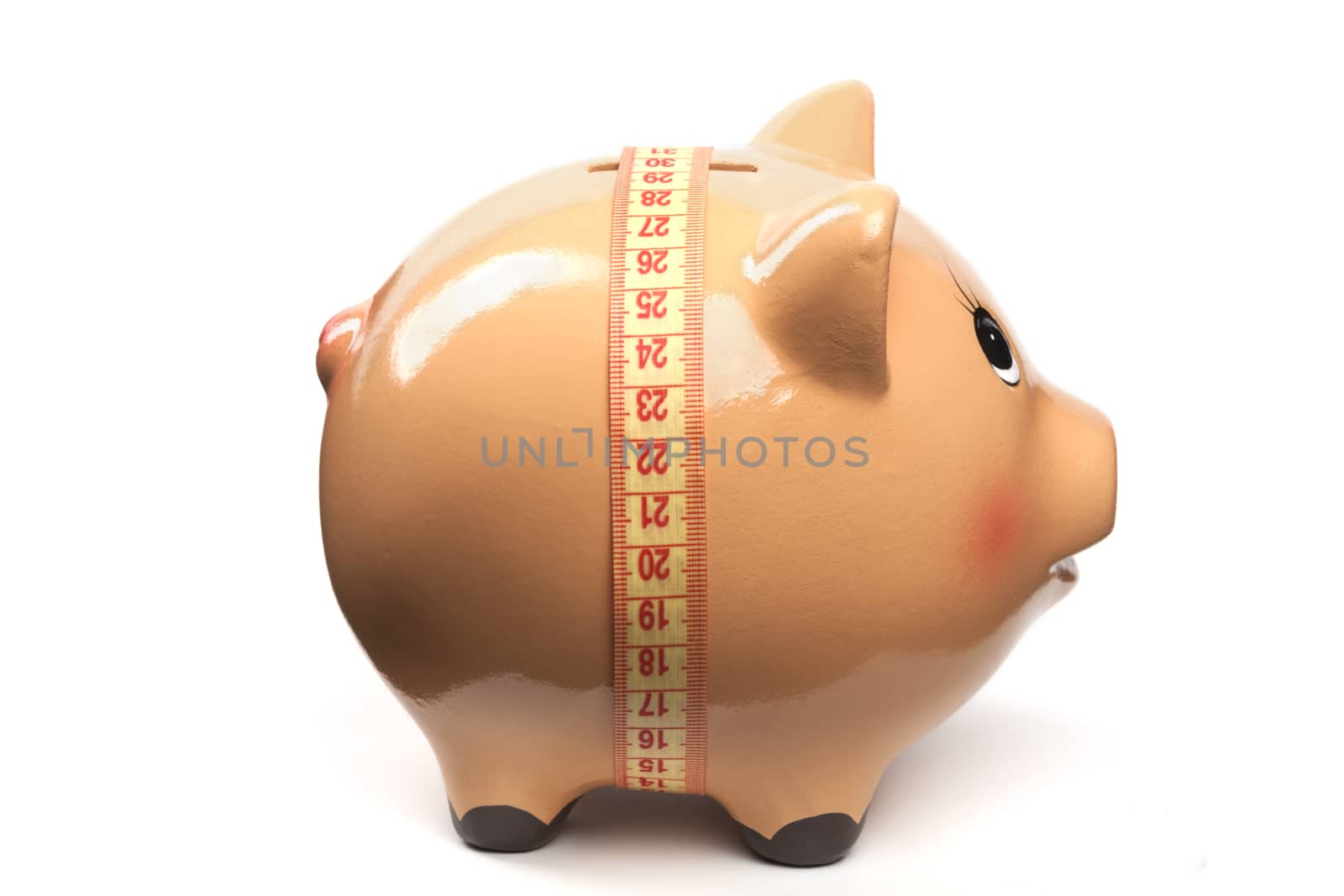 Cute Piggy Bank With Yellow Measuring Tape Isolated on White Background