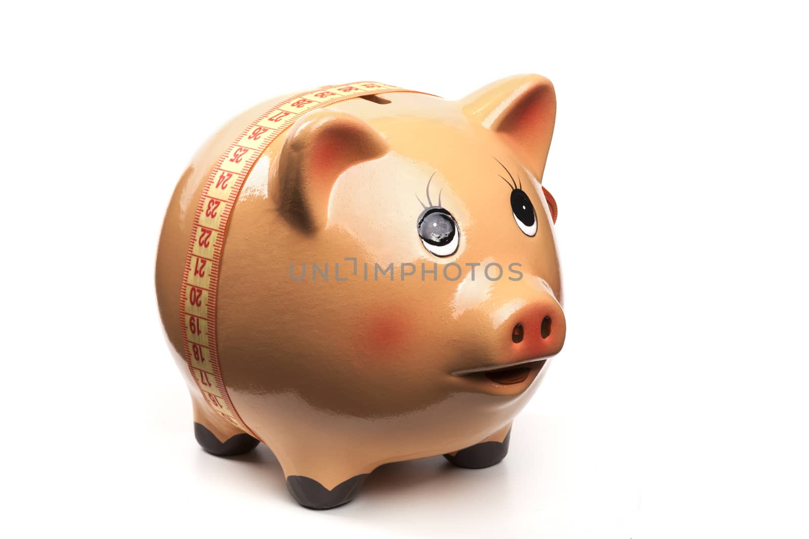 Cute Piggy Bank With Yellow Measuring Tape Isolated on White Background