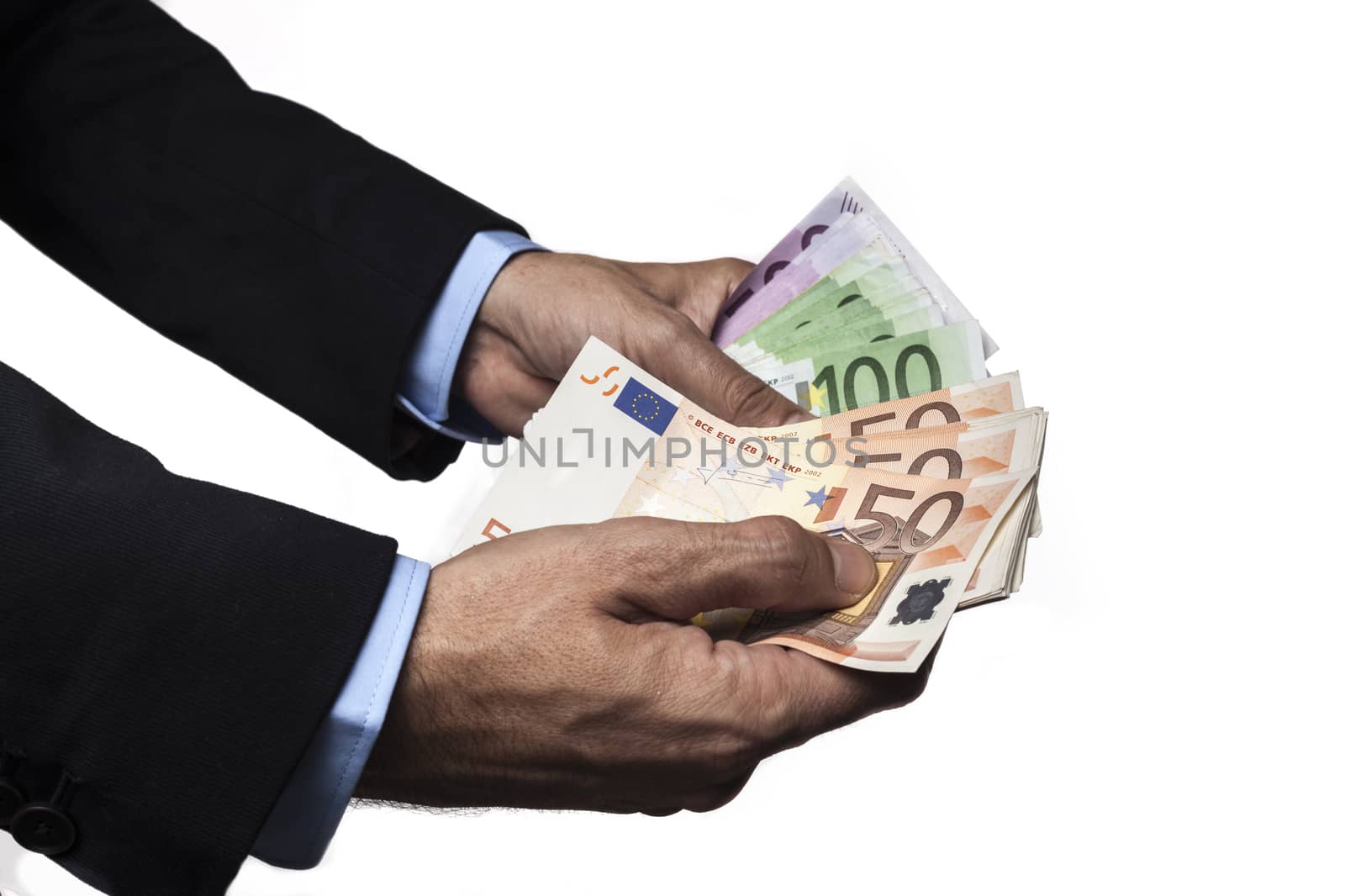 Man Hands in Suit Holding  Euro Banknotes Isolated on White Background