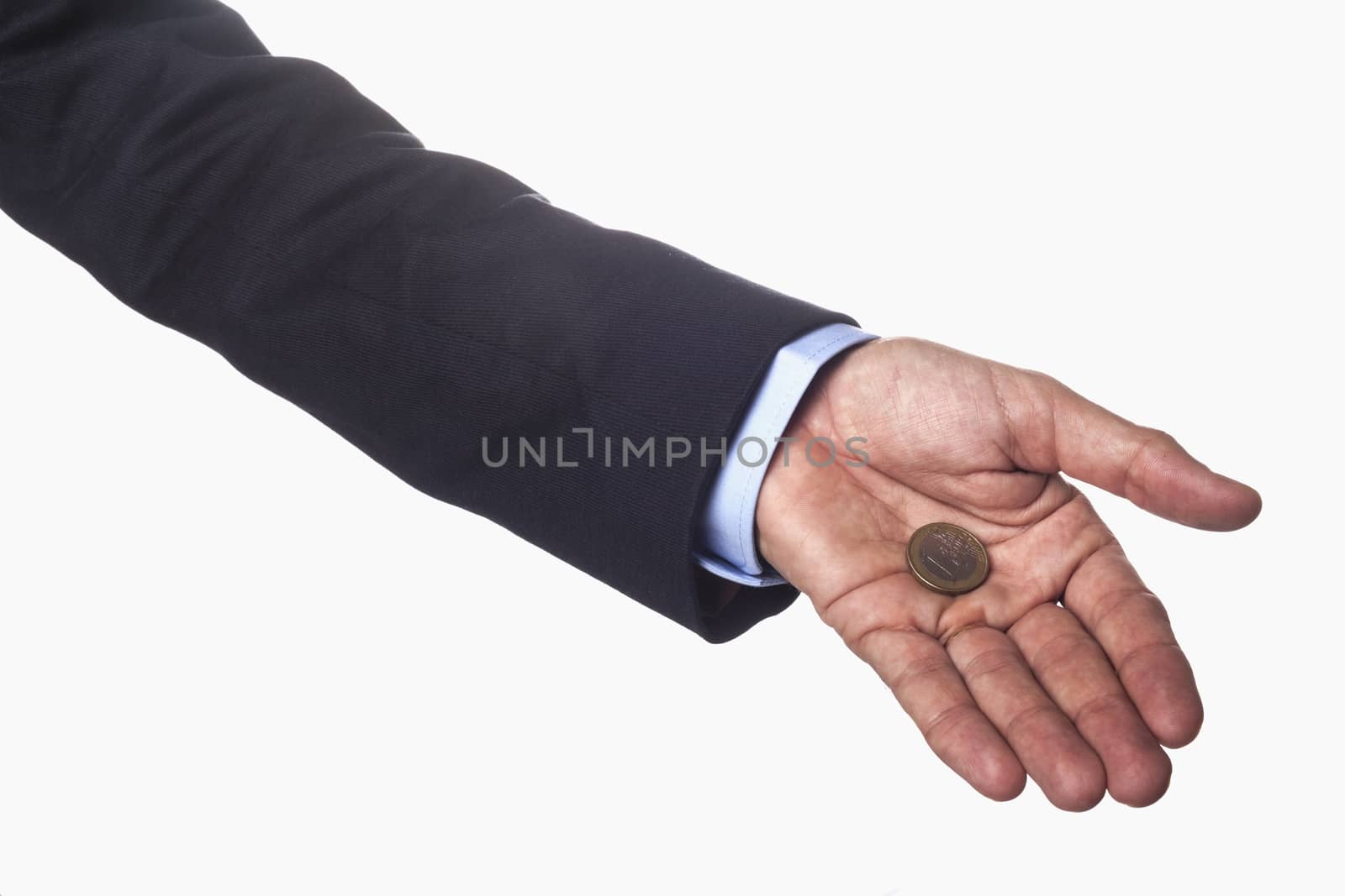 Man Hand in Suit Holding one single euro coin isolated on white background