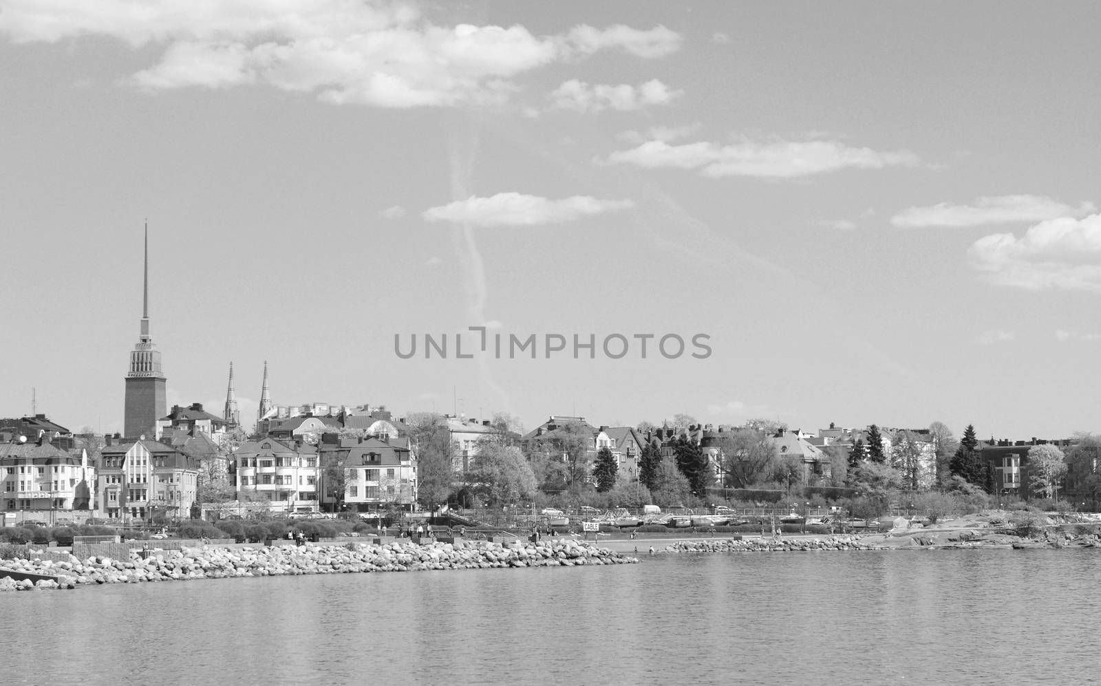 View from the shoreline of Munkkisaari district in Helsinki, across the Finnish Gulf to Eira district - monochrome processing
