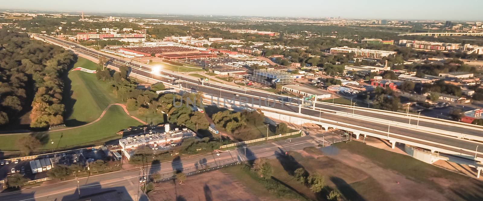 Panorama top view industrial area near Kessler area located just south of downtown Dallas. Aerial view warehouse building next to nature Kessler Park