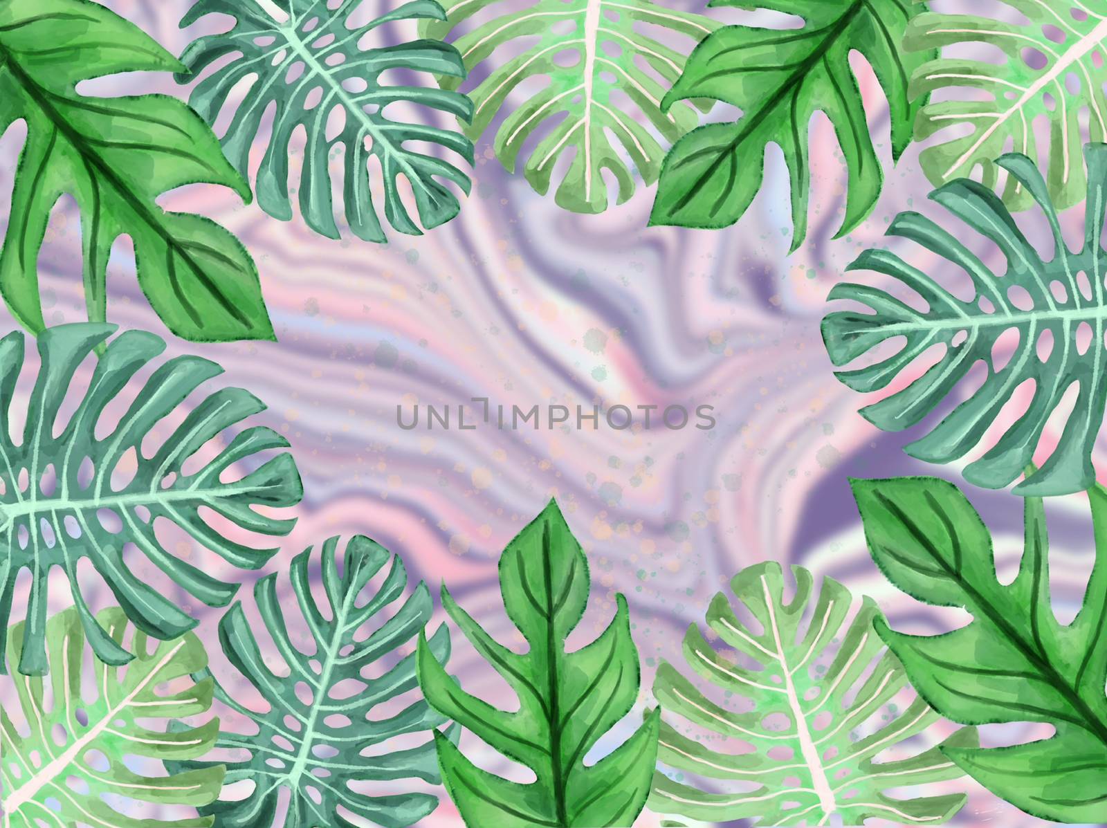 Watercolor illustration of tropical leaves beautiful monstera leaves border frame template on marbled background with place for text.
