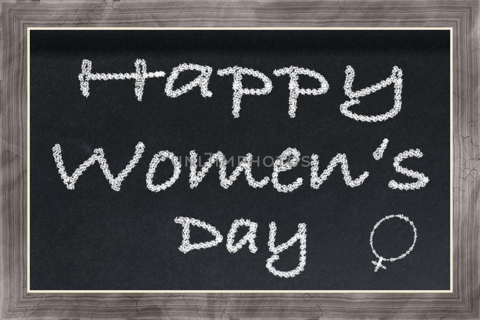 Black Chalkboard with wooden frame and text Happy Women's Day and women's sign