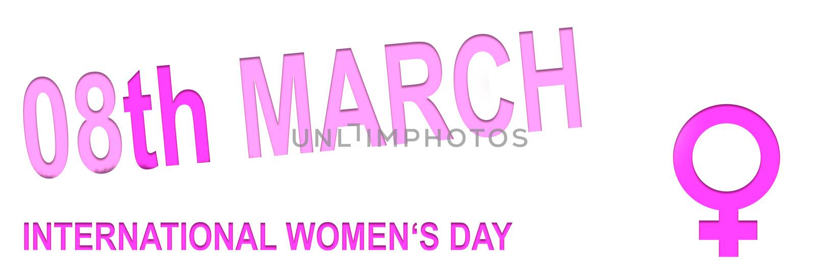 Pink illustration panorama card with women's sign and text 08 March International Women's Day