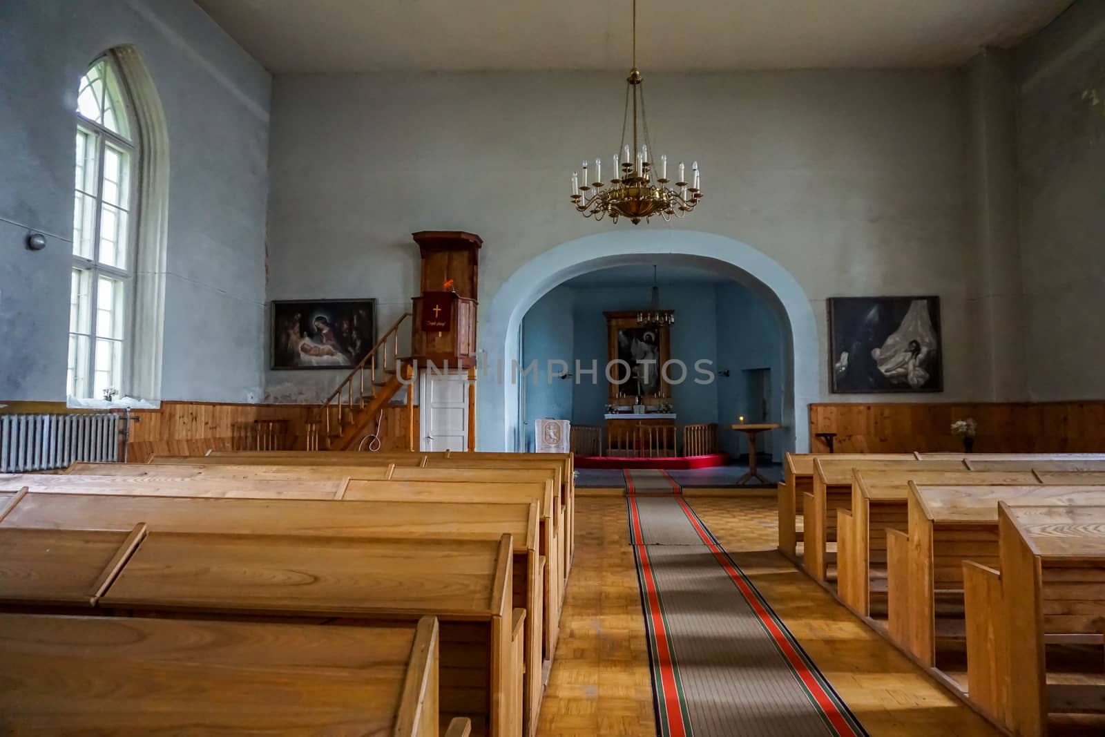 Evangelic Lutheran Church in Koknese, Latvia. Interior of the Koknese Evangelical Lutheran Church. Church was built in 1687. 