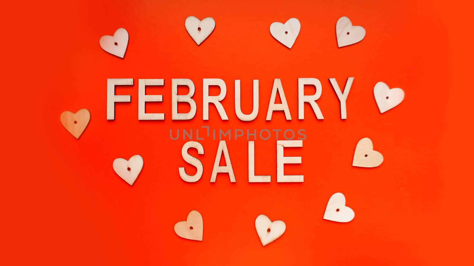 Happy Valentines Day Sale Promo Web Banner. Top view on composition with hearts on red background. Seasonal Discount Offer - February sale