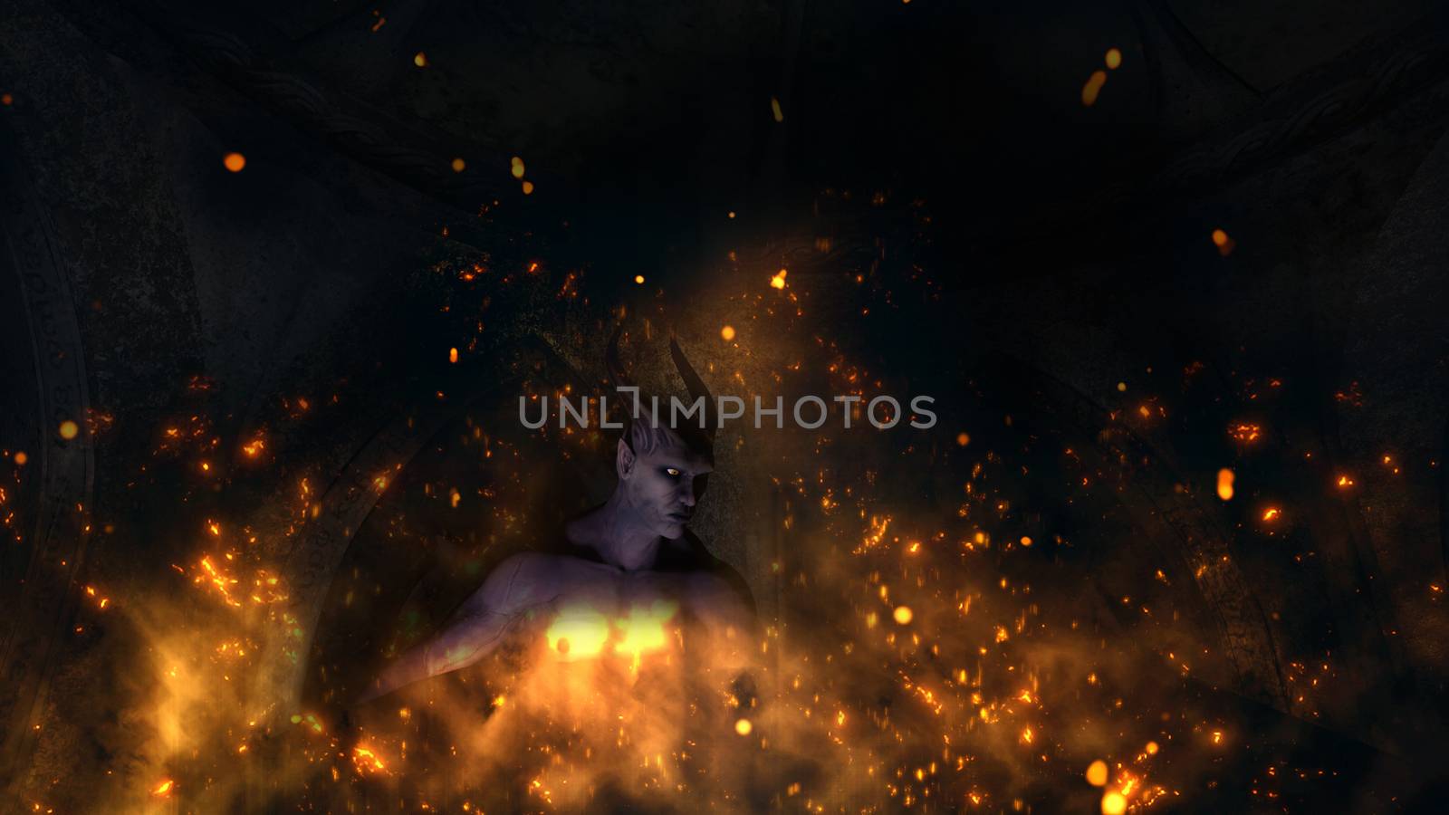 Fallen angel satan in a crypt at fire - 3d rendering