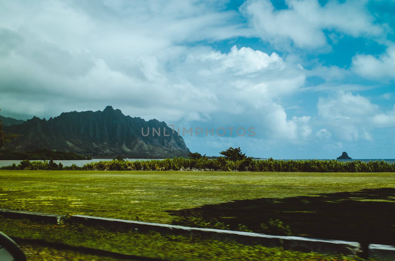 Abrupt hill with beautiful cloudy sky and green field in Hawaii, in US by mikelju