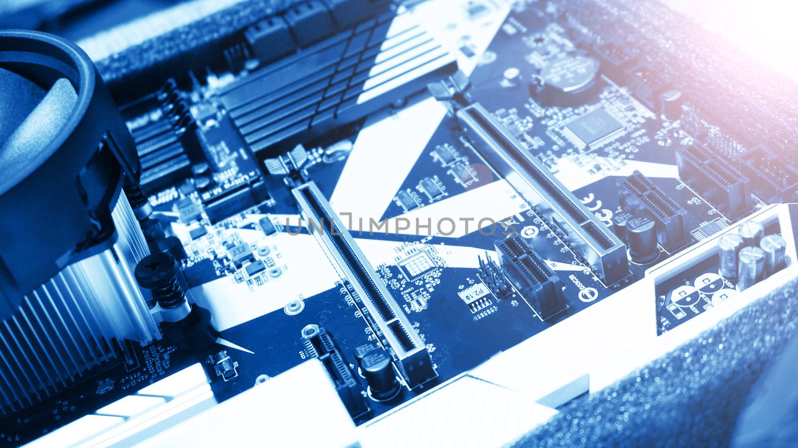 Circuit board. Electronic computer hardware technology. Motherboard digital chip. Tech science background. Integrated communication processor. Information engineering component. Blue color.