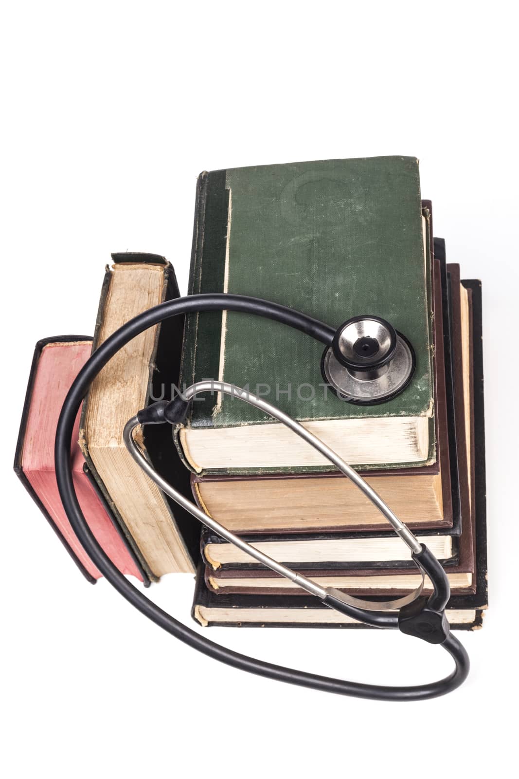 Old Books Black Stethoscope Isolated on White Background