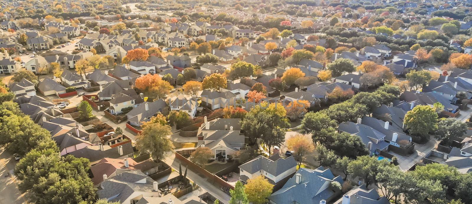 Panoramic top view urban sprawl suburbs Dallas during autumn sea by trongnguyen