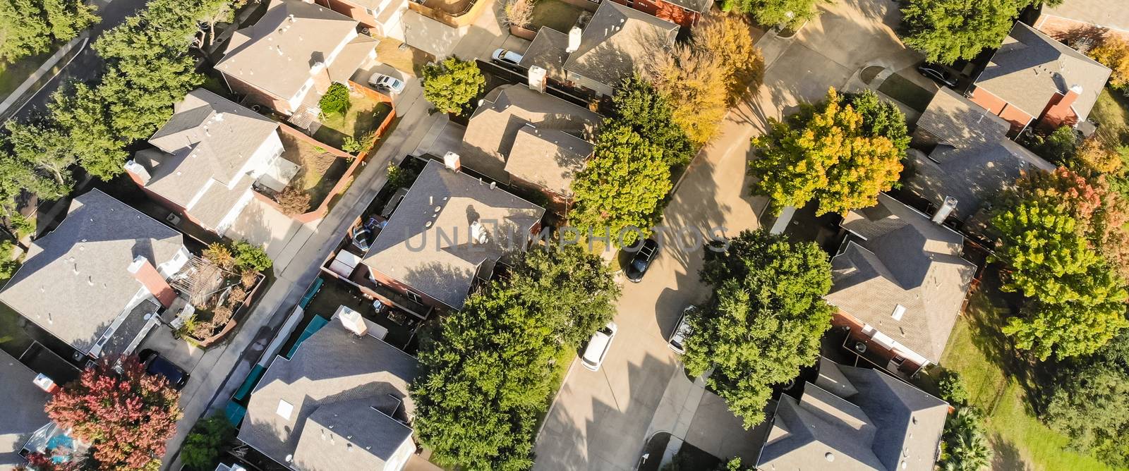 Panorama aerial drone view row of single-family detached house in residential area with colorful autumn leaves. Straight down view of suburban subdivision near Dallas, Texas, USA