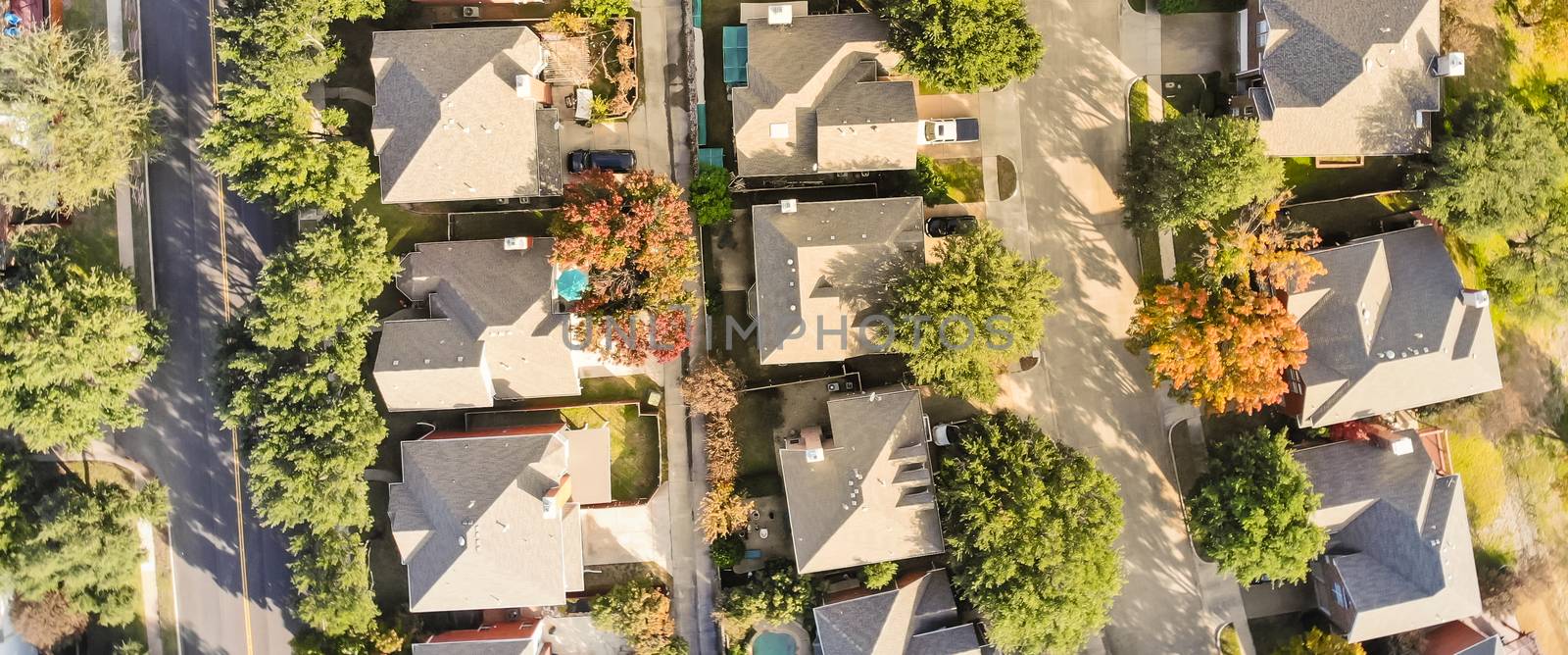 Panorama aerial drone view row of single-family detached house in residential area with colorful autumn leaves. Straight down view of suburban subdivision near Dallas, Texas, USA