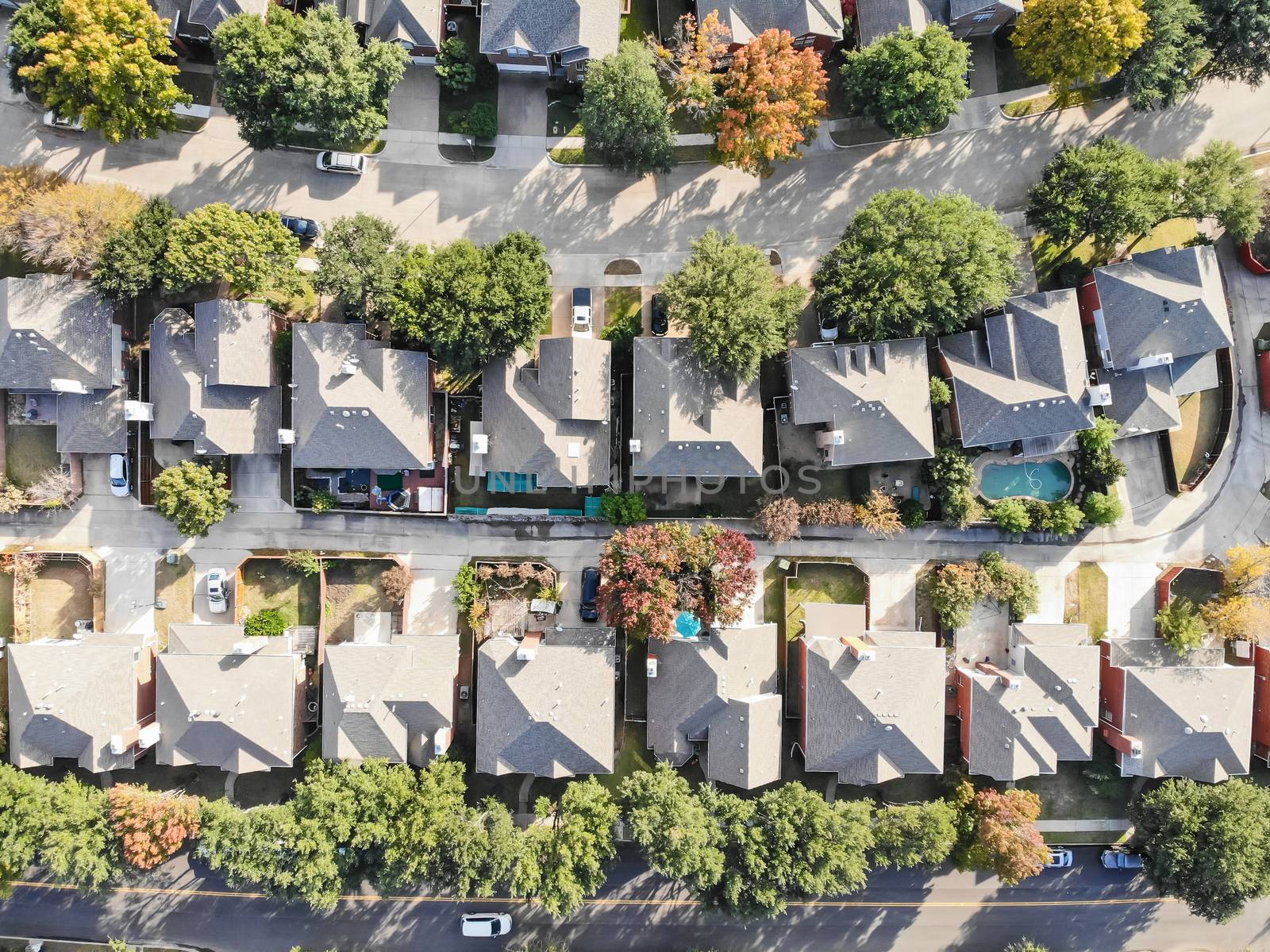 Straight down aerial view residential neighborhood in fall season with colorful leaves near Dallas, Texas