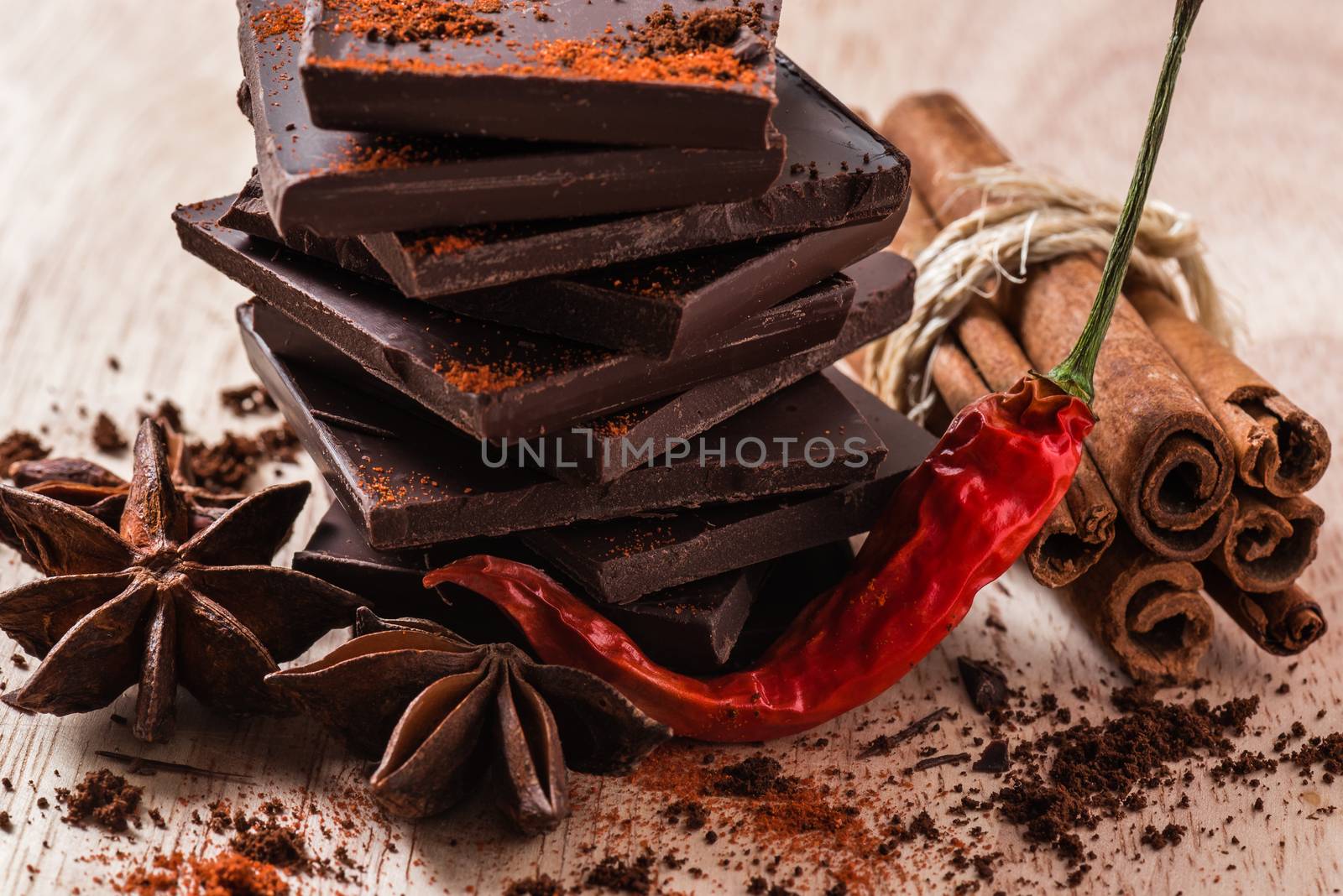 Chili Pepper with Chocolate Stack, Anise Star and Cinnamon Bundle.