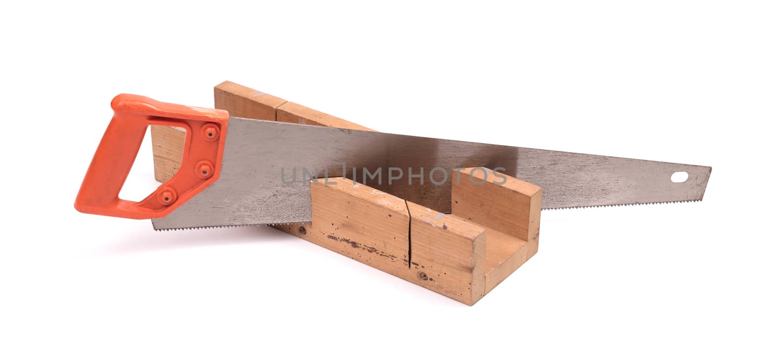Miter box with a saw, isolated on a white background