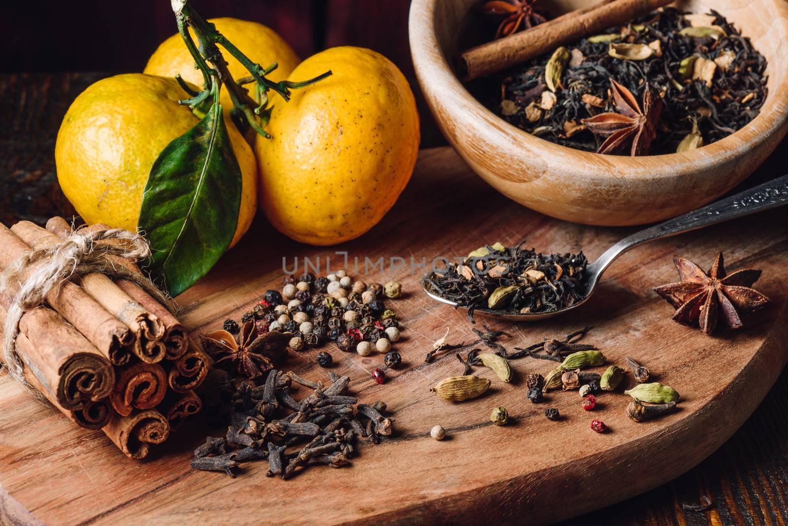 Indian Masala Chai Ingredients with Three Tangerines