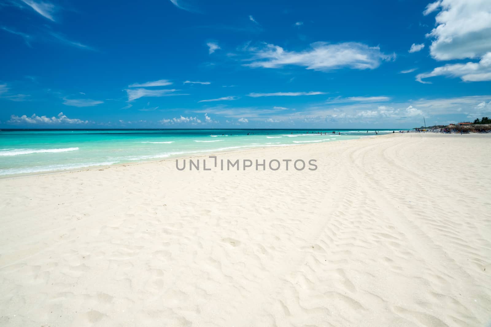 Awesome beach of Varadero during a sunny day, fine white sand and turquoise and green Caribbean sea,Cuba.Hrizontal photo,copy space.