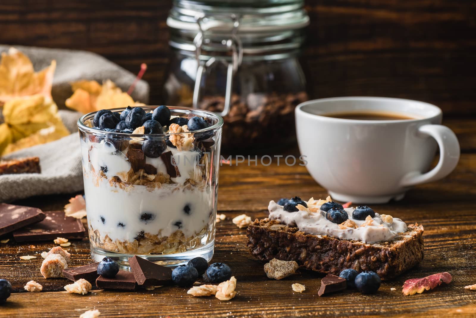 Autumn Breakfast with Fresh Blueberry and Coffee.