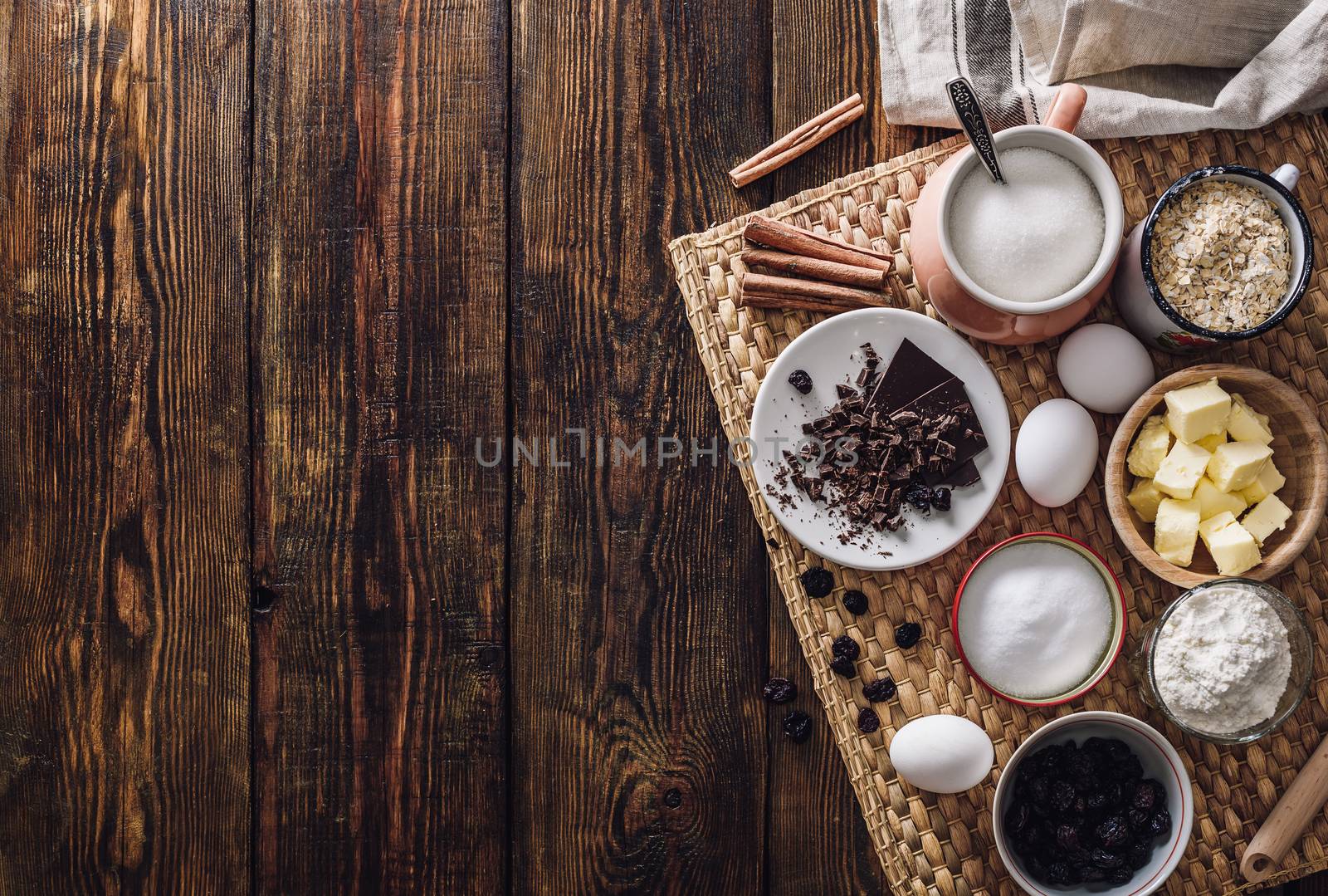 Oatmeal Cookie Making Ingredients from Above. Copy Space.