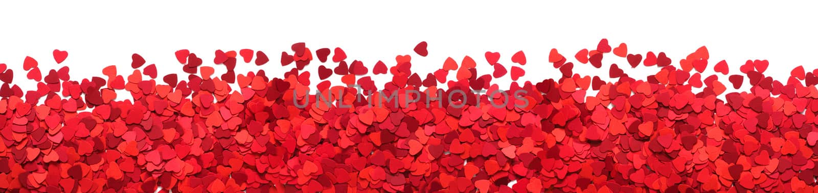 Valentines Day greeting card design element frame of many paper hearts isolated on white background with copy space for text