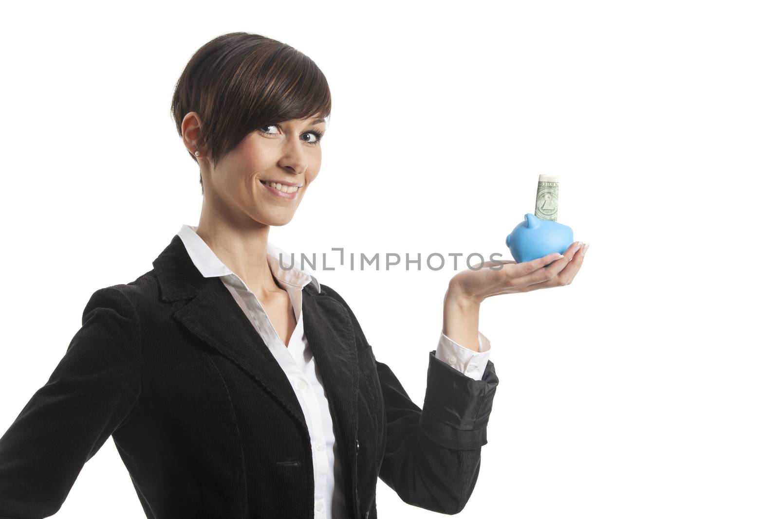 young business woman with a piggy bank by bernjuer