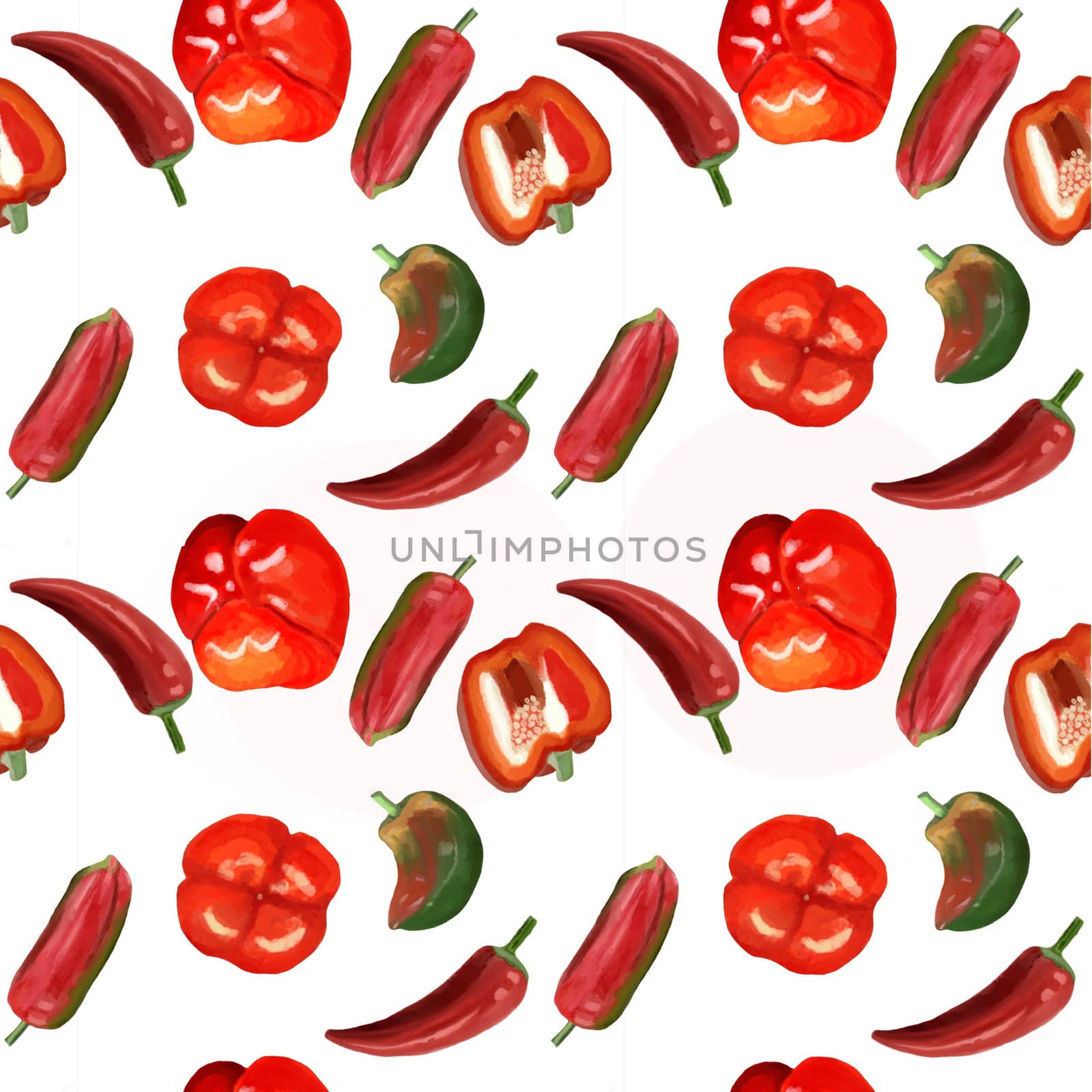 watercolor pattern of red and green sweet peppers and red hot chili peppers. Bell peppers paprika  pattern at white background illustration.