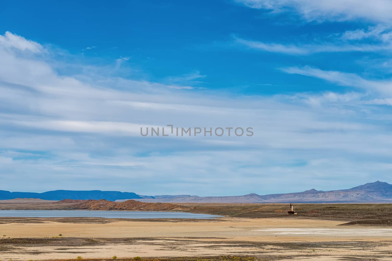 The nearly empty Oudebaaskraal Dam in the Tankwa Karoo in the Northern Cape Province