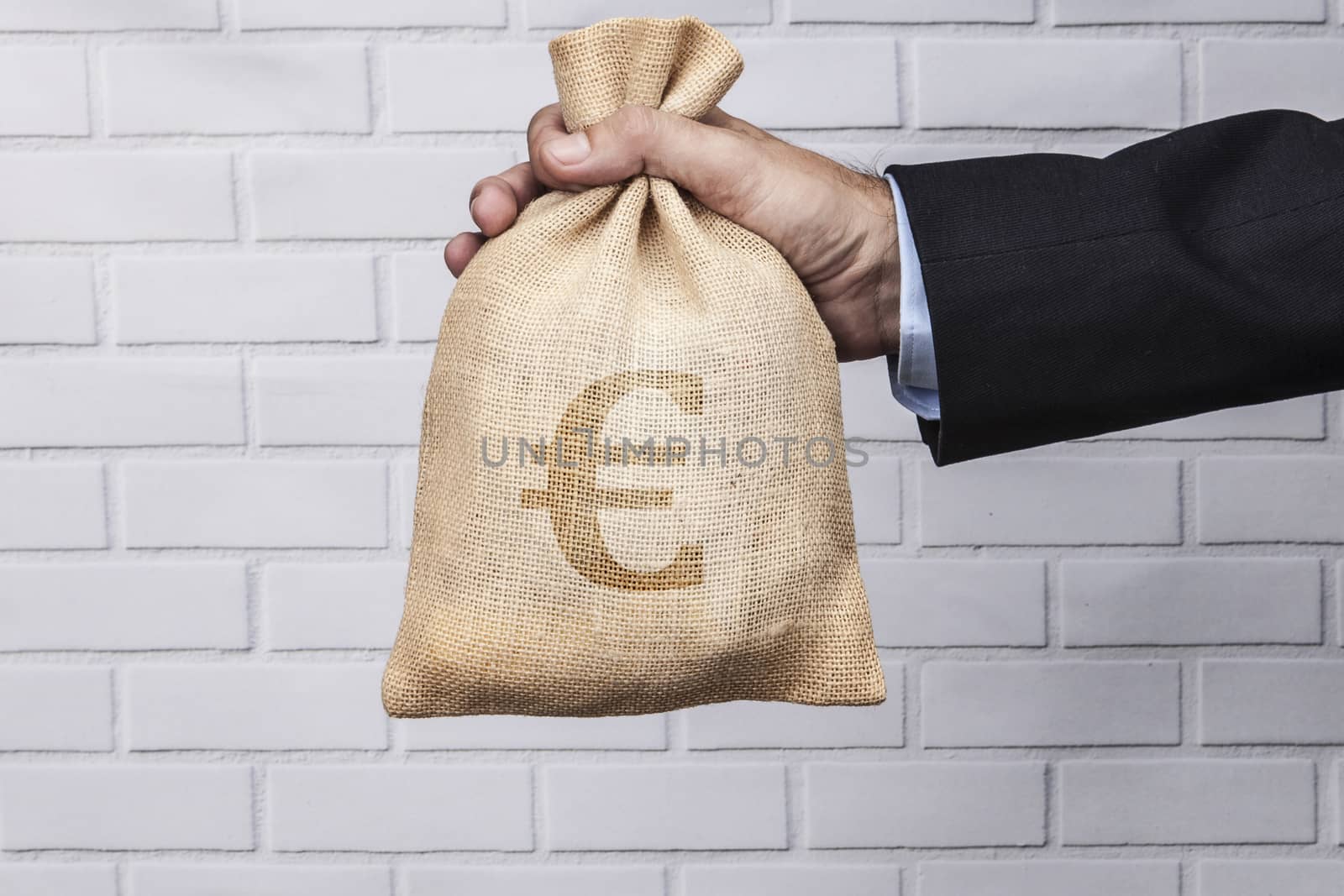 Hand holding a sack of money and white brick background