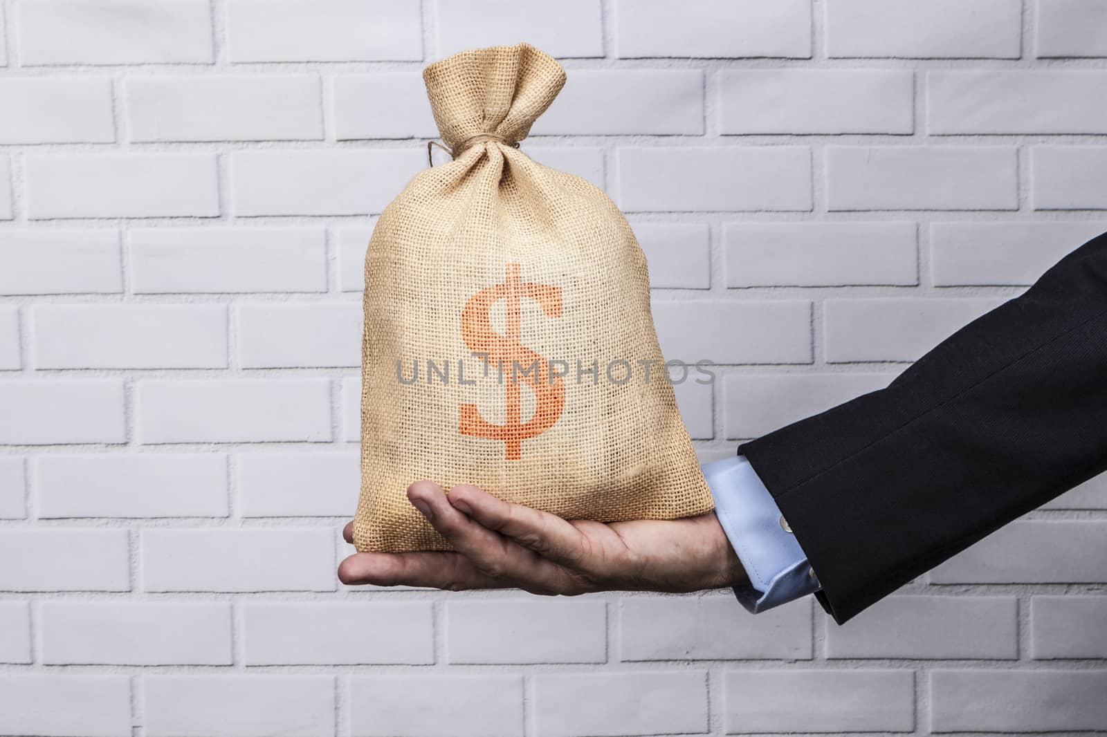 Hand holding a sack of money and white brick background