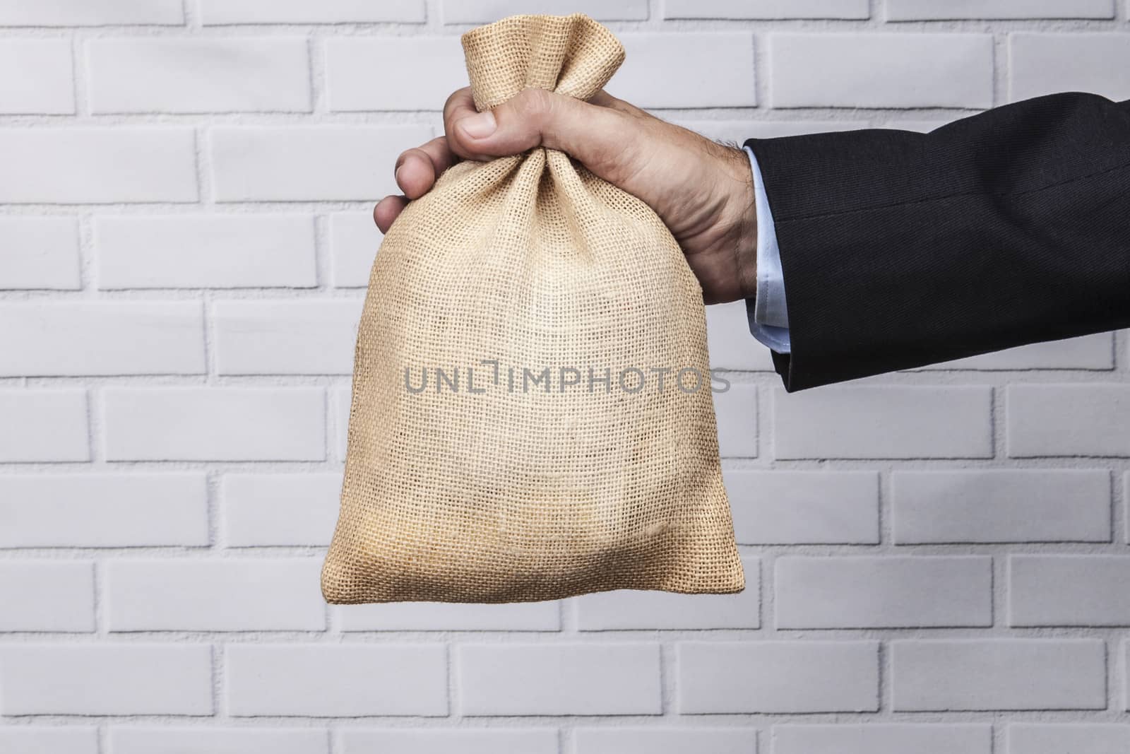 Hand holding a sack of money and white brick background